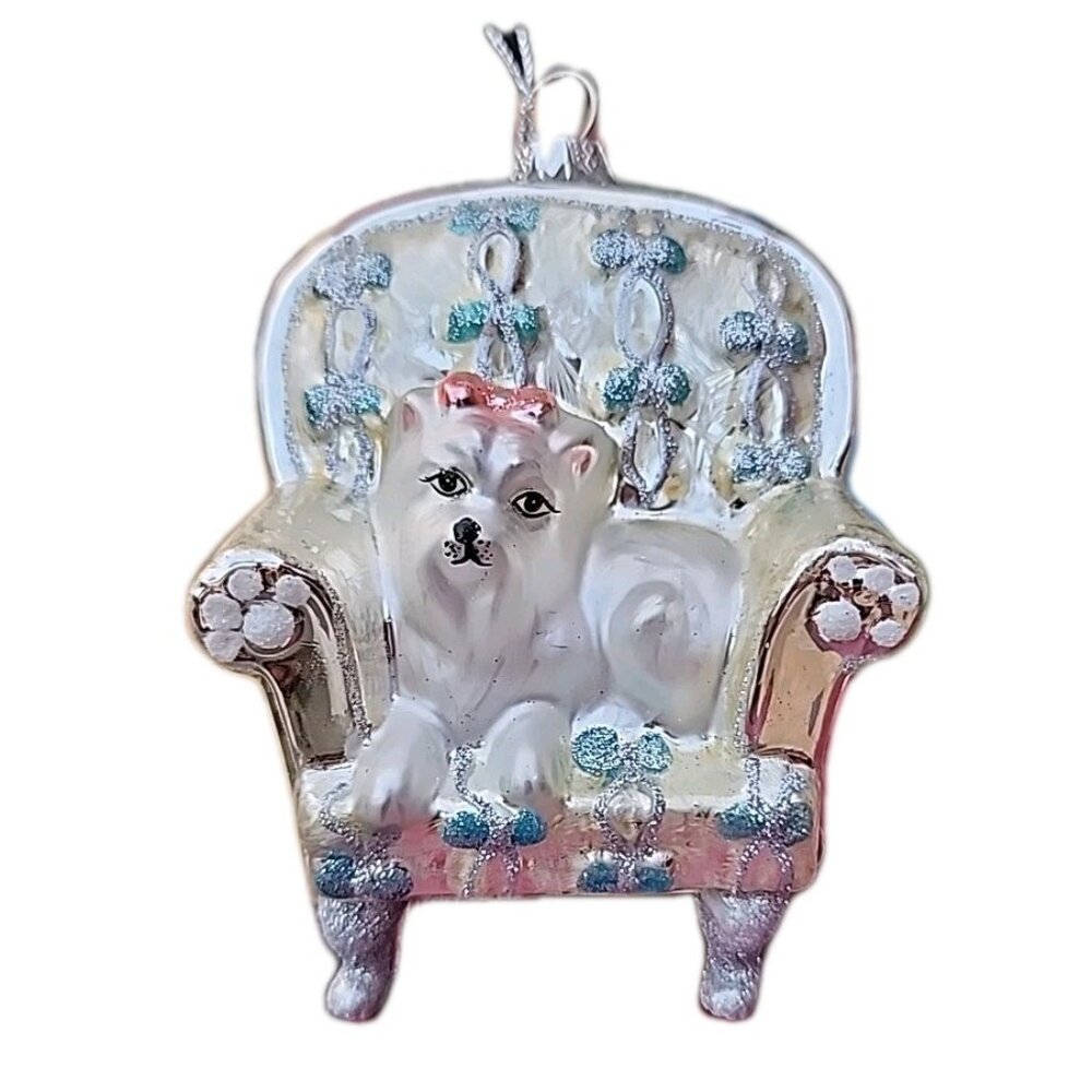 Maltese White Fancy Dog In Silvertone Chair W/Handpa Glitter 4" Plastic Ornament